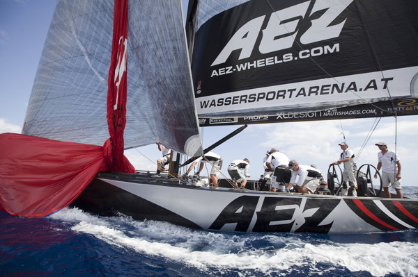 AEZ RC44 Sailing team leads the pack during race seven, before winning ahead of 17 and Katusha - Photo Copyright: Nico Martinez / RC44 Class