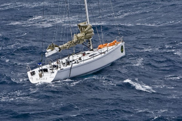 LOKI, AUS, abandoned in the Golfo di Castallammare after losing her rudder; Photo credit: Rolex / Carlo Borlenghi