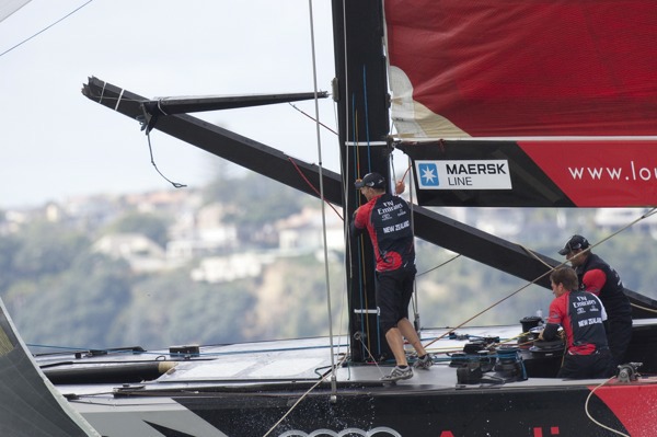 Emirates Team New Zealand dropped the topping lift and the spinnaker pole breaks -  Bob Grieser/outsideimages.co.nz | Louis Vuitton Trophy, Auckland