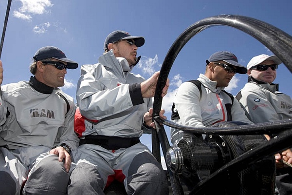 Photo: Gilles Martin-Raget - Larry Ellison (helm), Russell Coutts (tactics) and the crew on board BMW ORACLE Racing