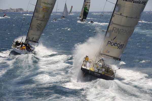 The fleet power away at the start of leg 2 of the Volvo Ocean Race from Cape Town, South Africa to Cochin,  Photocredit: Rick Tomlinson/Volvo Ocean Race 