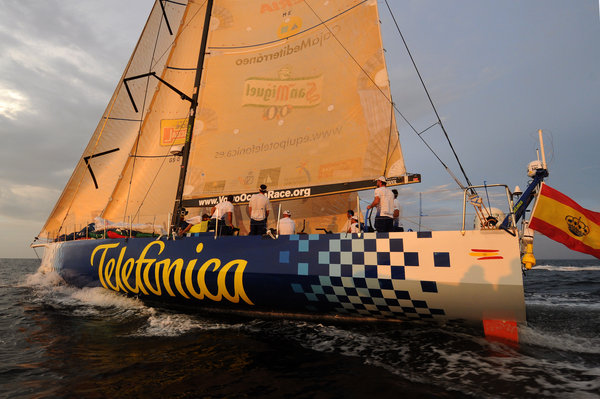 Telefonica Blue, skippered by Bouwe Bekking from Netherlands, finishes in second place on leg 2 of the Volvo Ocean Race, from Cape Town, South Africa to Cochin India. The boat crossed the finish line 12:37:50 GMT under a beautiful Indian sunset