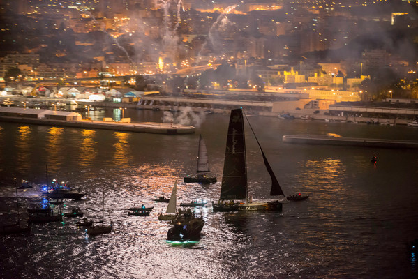 Fireworks go off, as Abu Dhabi Ocean Racing, skippered by Ian Walker from the UK finish first on leg 7, from Miami, USA to Lisbon, Portugal, during the Volvo Ocean Race 2011-12. (Credit: PAUL TODD/Volvo Ocean Race) 