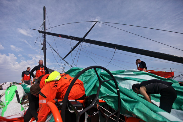 Groupama Sailing Team, skippered by Franck Cammas from France, suspend racing from leg 5 of the Volvo Ocean Race 2011-12, from Auckland, New Zealand to Itajai, Brazil, after the mast broke just above the first spreader around 60 nautical miles south of Punta del Este. (Credit: Yann Riou/Groupama Sailing Team/Volvo Ocean Race)