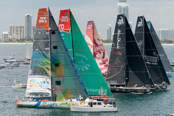 The fleet position themselves for the start of leg 7 from Miami, USA to Lisbon, Portugal, during the Volvo Ocean Race 2011-12. (Credit: Paul Todd/Volvo Ocean Race) 