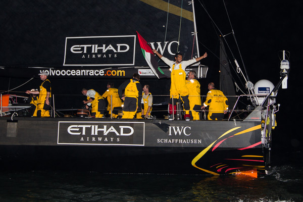 Abu Dhabi Ocean Racing's Adil Khalid from the UAE celebrates finishing first on leg 7, from Miami, USA to Lisbon, Portugal, during the Volvo Ocean Race 2011-12. (Credit: IAN ROMAN/Volvo Ocean Race) 