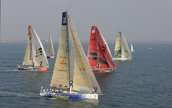 The fleet line up at the start of leg 3 of the Volvo Ocean race, from Cochin, India to Singapore