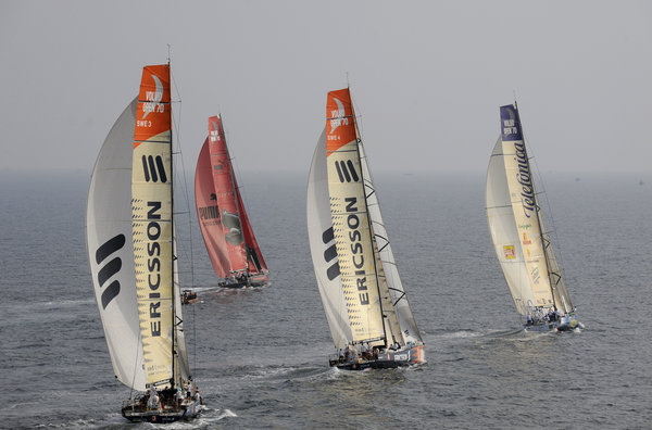 PUMA Ocean Racing leads the fleet at the start of leg 3 of the Volvo Ocean race, from Cochin, India to Singapore