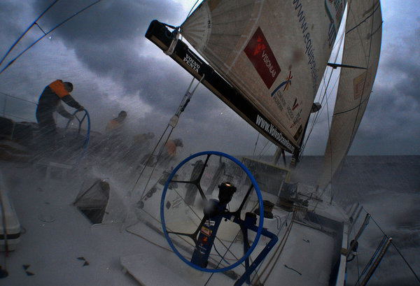 PUMA Ocean Racing, skippered by Ken Read (USA), breaks their boom in over 50 knots of wind and 20 feet high waves, on leg 4 of the Volvo Ocean Race, from Singapore to Qingdao, China. The crew were able to save two broken sections of the boom and are putting together a jury rig boom with which they intend to continue to race the remaining 1,100 miles. The team have sought shelter in a small harbour in the northern end of the Philippines, where they are waiting until the worst of the storm passes. Photocredit: Rick Deppe/PUMA Ocean Racing/Volvo Ocean Race