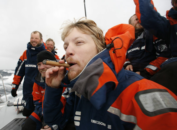 Navigator Aksel Magdahl celebrating in classic style with cigar - Photocredit: Gustav Morin/Ericsson 3/Volvo Ocean Race